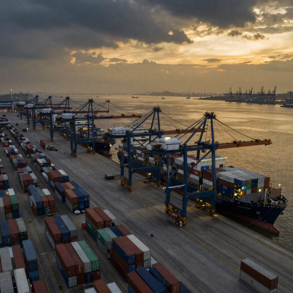 Aerial view of international shipping port with cargo containers