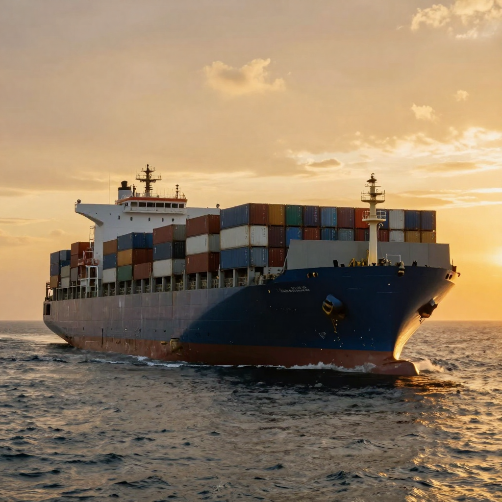 International cargo ship at sea during golden sunset