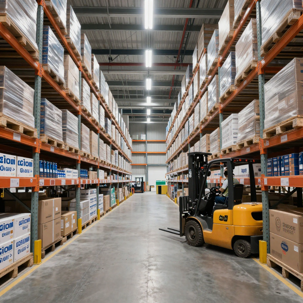 Modern warehouse with organized global product inventory